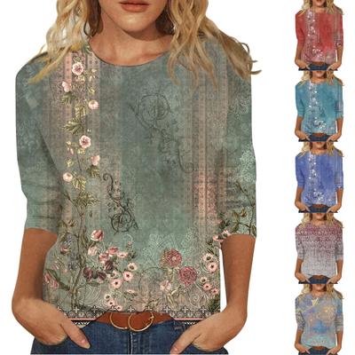Damenbluse 3/4-Ärmel Hemden Niedlicher Druck Grafik-T-Shirts Blusen Lässig Übergröße Basic-Oberteile Pullover