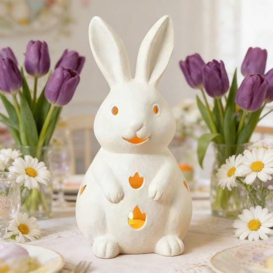 Easter Bunny Candle Holder Cute Bunny Resin Statue with LED Light White Bunny Figurine Rustic Table Centerpiece for Home Spring Decor