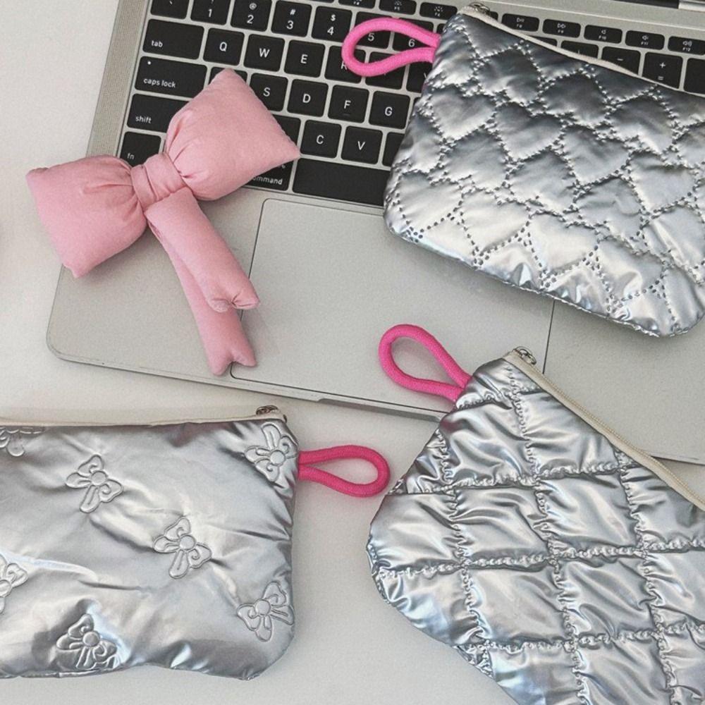 Silver Bow Pattern Coin Purse Women's Earphone Coins Keys Wallet Organizer Zipper Pouch Cosmetic Bag New