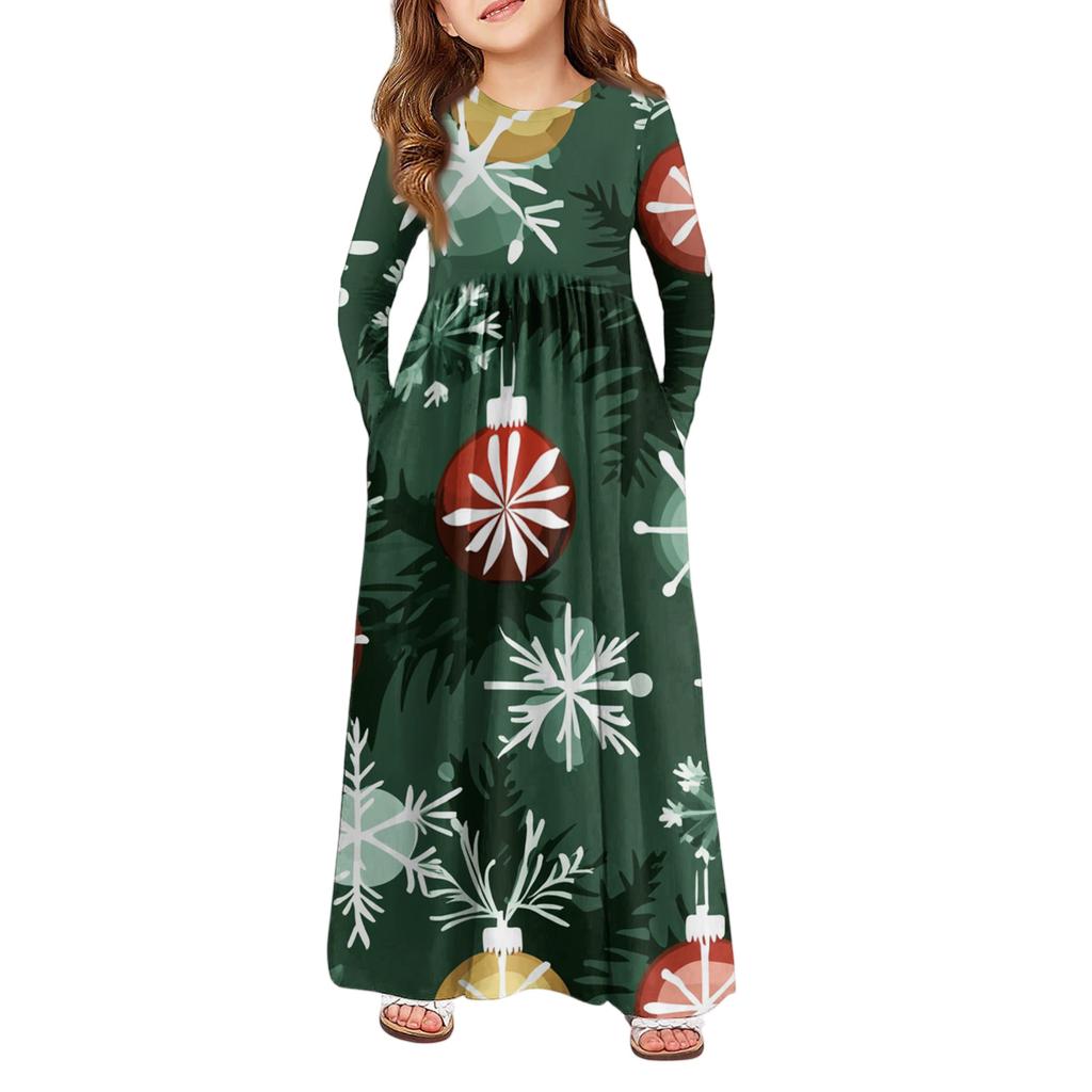 Girls' Maxi Dress - Long Sleeve Pocket Dress Christmas Day