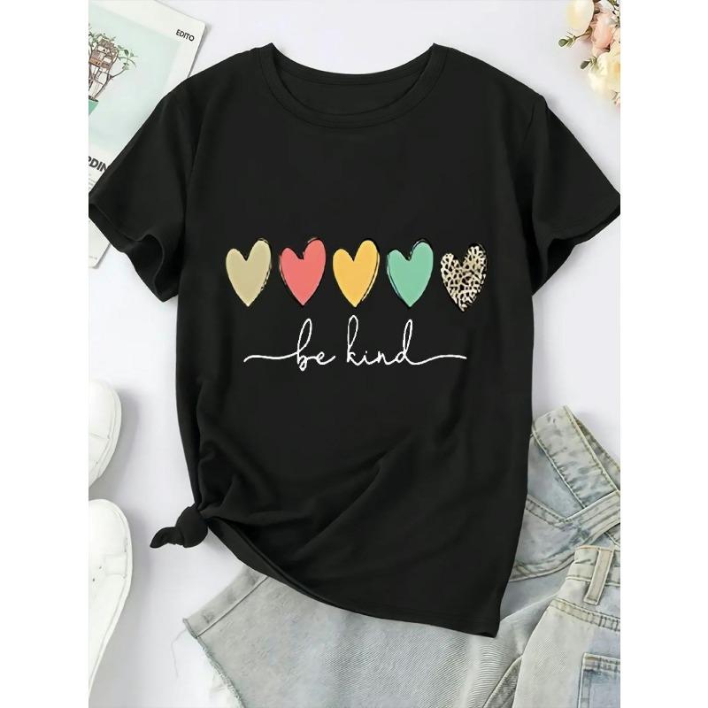 

European Size Be Kind T-Shirt with Colorful Hearts Print - Soft Casual Round Neck Tee for Men & Women, Beige & Black with Multicolor Heart Design 4XL