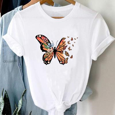 (Tamanho asiático) Camiseta Estampada Tendência Desenho Animado Borboleta Fofa Anos 90 Moda Casual Manga Curta Feminina Camiseta Gráfica