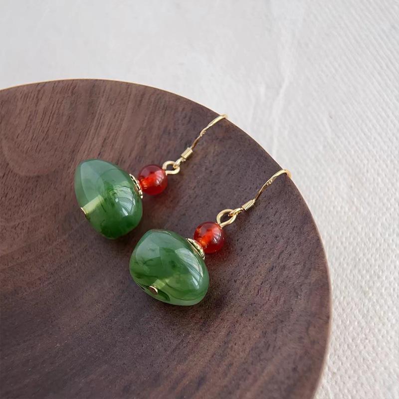 2024 Yang Mi Inspired Chinese Retro Green Ear Hook Earrings - Elegant & Versatile Design for Women