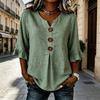 Women Shirt Stand-Up Collar V-Neck Buttons Decor Half Sleeve Ruffle Cuffs Pullover Tops Pure Color Loose Fit Summer Tops