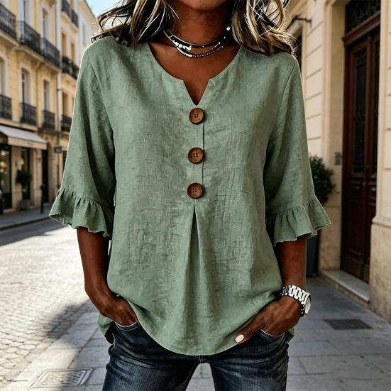 Women Shirt Stand-Up Collar V-Neck Buttons Decor Half Sleeve Ruffle Cuffs Pullover Tops Pure Color Loose Fit Summer Tops