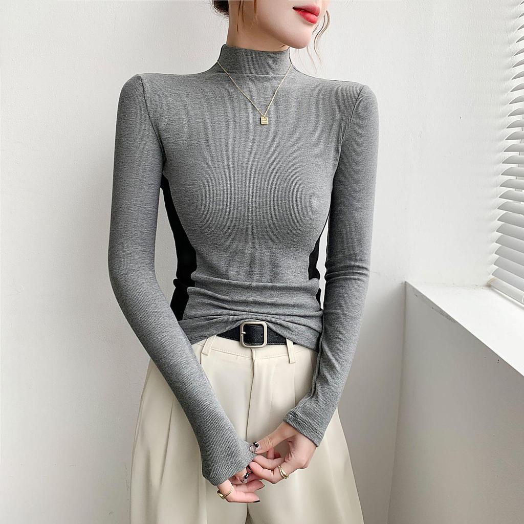 Women's Color Block Slimming Semi-High Neck Long Sleeve Top for Autumn/Winter
