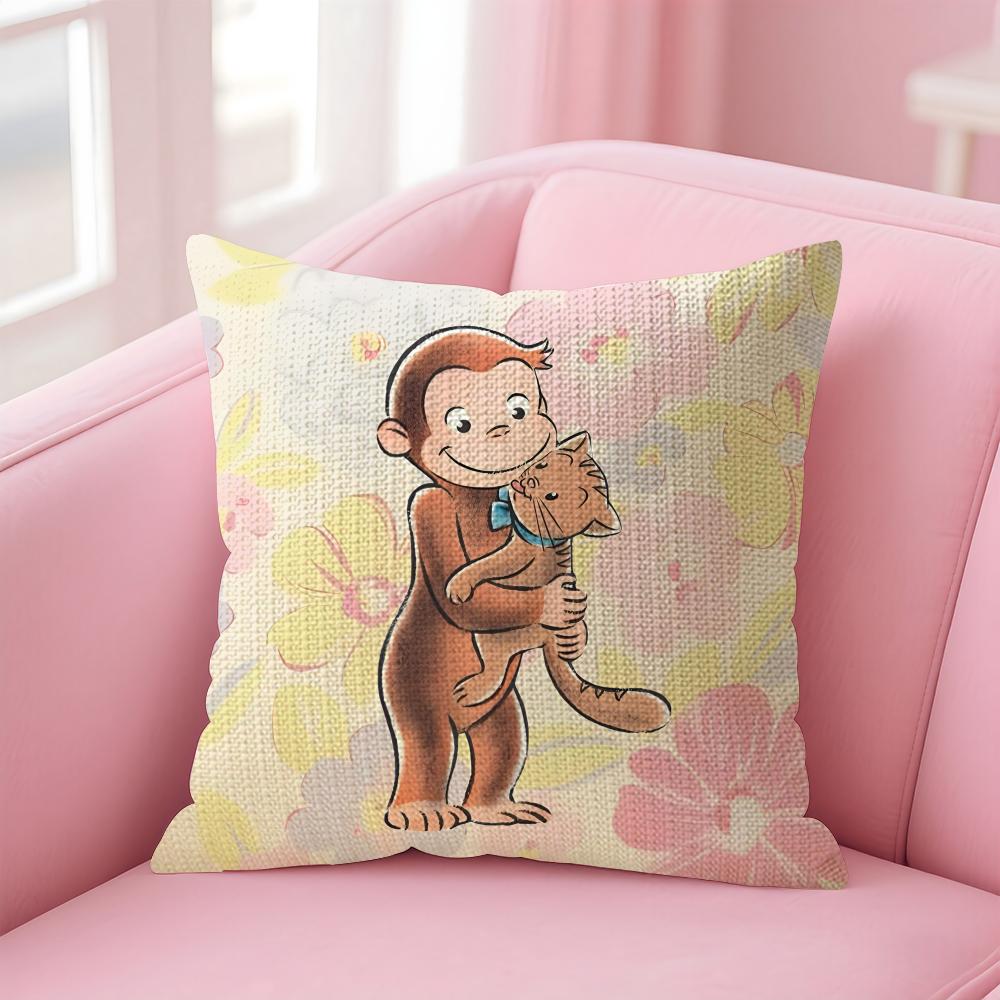 Curious George Monkey Cute Cushion Cover Natural Linen Pillow Case DoubleSided Print Decorative Sofa Pillowcase Home Decor Gift