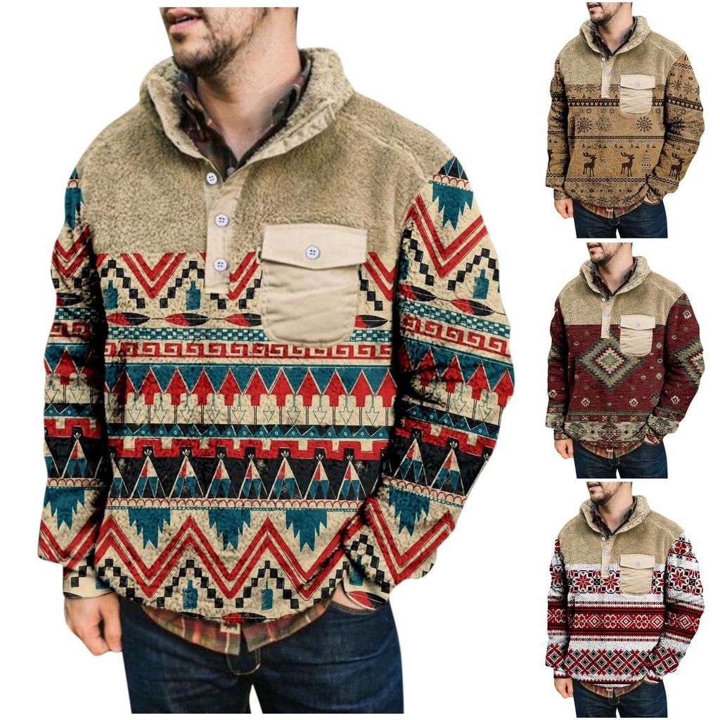 Men's Printed Plush Warm Coat Fleece Sweater Casual Coat Pocket Sweater  Winter Coat