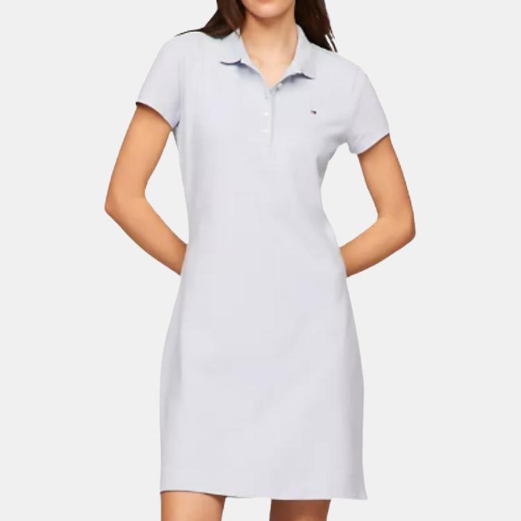 Tommy Hilfiger Solid Color Logo Embroidered Slim Fit Midi Short Sleeve Dress Women dresses Light-Blue 76J4866-C1O