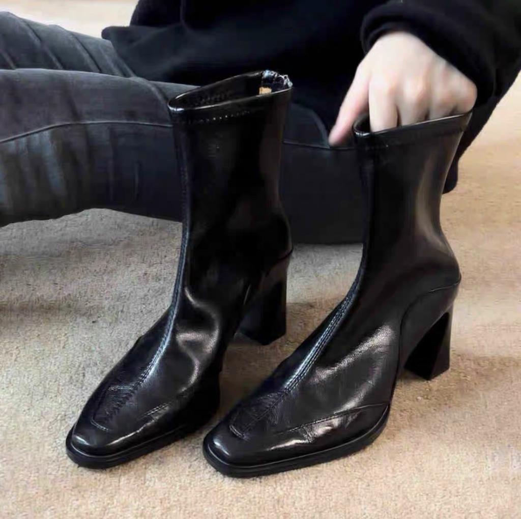 Spot version~ Korean soft leather thick heel square head small short boots retro elastic thin boots women's rear zipper high heel single boots