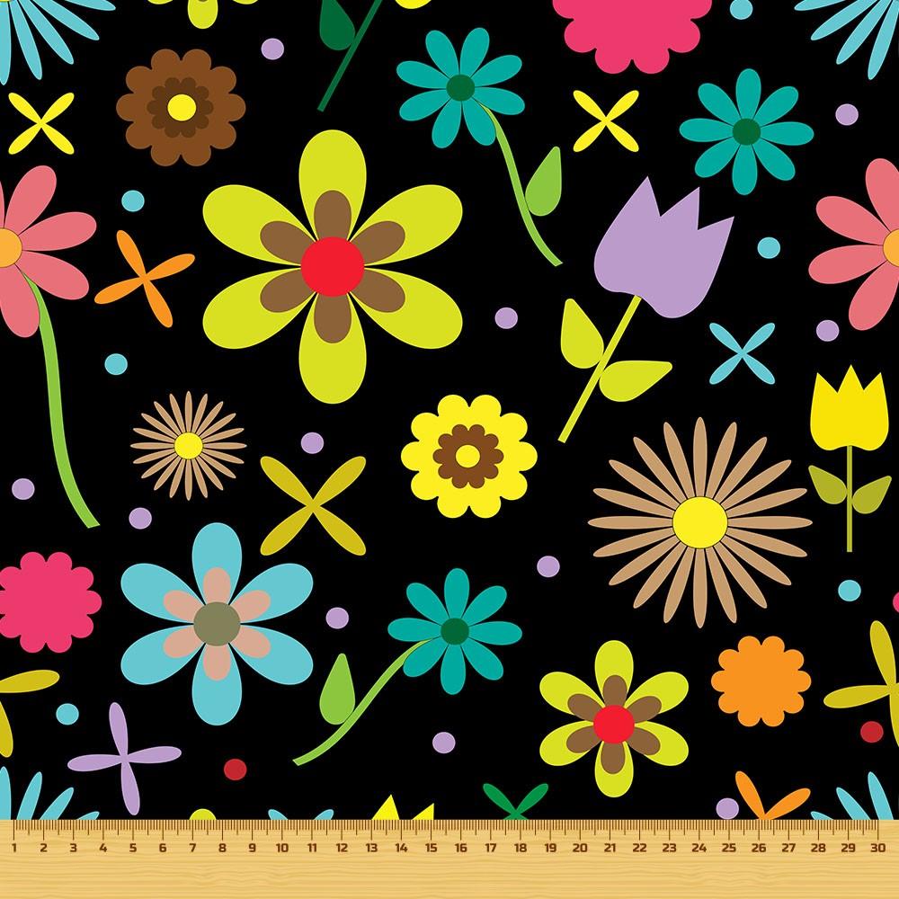 Outdoor Dekostoffe Oxford - Motiv Bunte Blumen Auf Schwarzem