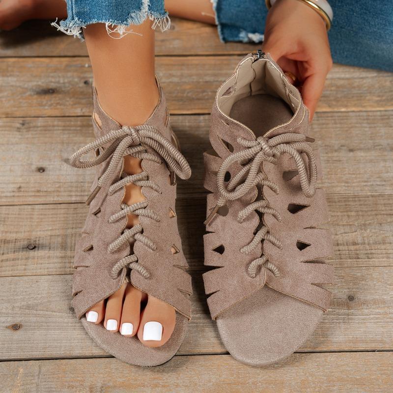 Ganzjahres-Damen-Übergrößen Flache Schnür-Sandalen mit Offener Zehenpartie Einfarbige Sommerliche Bequeme Alltagsschuhe 38 khaki