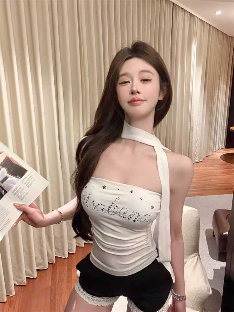 #Summer New Pure Desire One-word Circumference Letter Hot Diamond Scarf Tube Top Slim Fit Fixed with Chest Pad Versatile Top