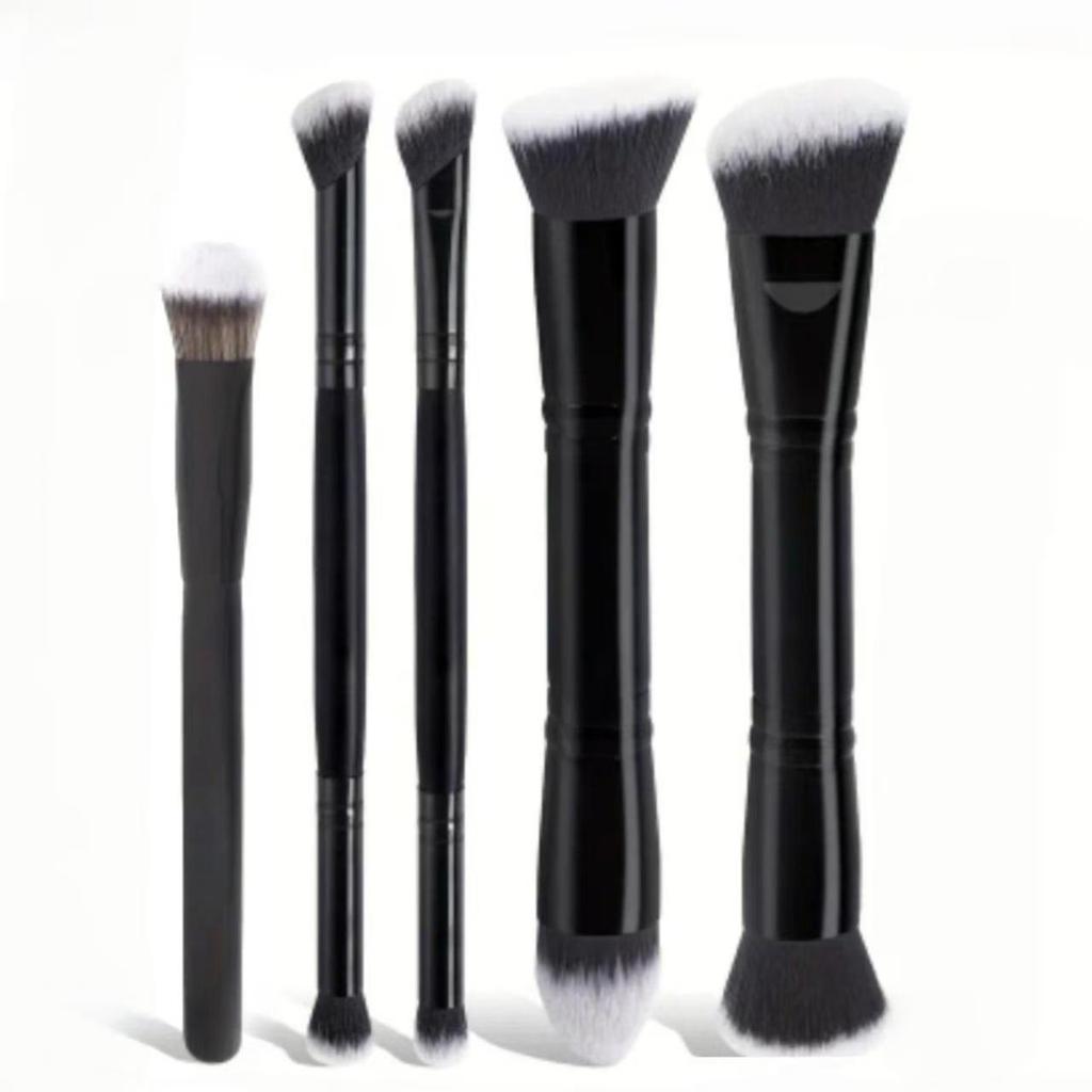 5 Double-Ended Makeup Brushes: Foundation, Blush, 3-Color Contour, Soft Bristle, Loose Powder, Beauty Tool Set