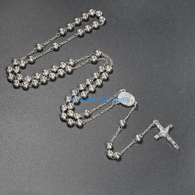 HX6F 6mm Rosary Prayer Bead Necklace Catholic Christian Religious Jewelry Charm Gift серебряный