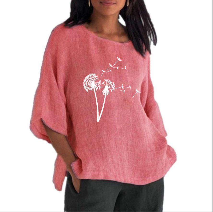 Personalized Dandelion Printed Seven Sleeve Round Neck Sheep Linen Shirt Women's Tops Plus Size