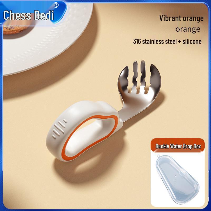 Infant Training Silicone Spoon & Fork Set - Stainless Steel, Short Handle, Bent Head for Learning To Eat