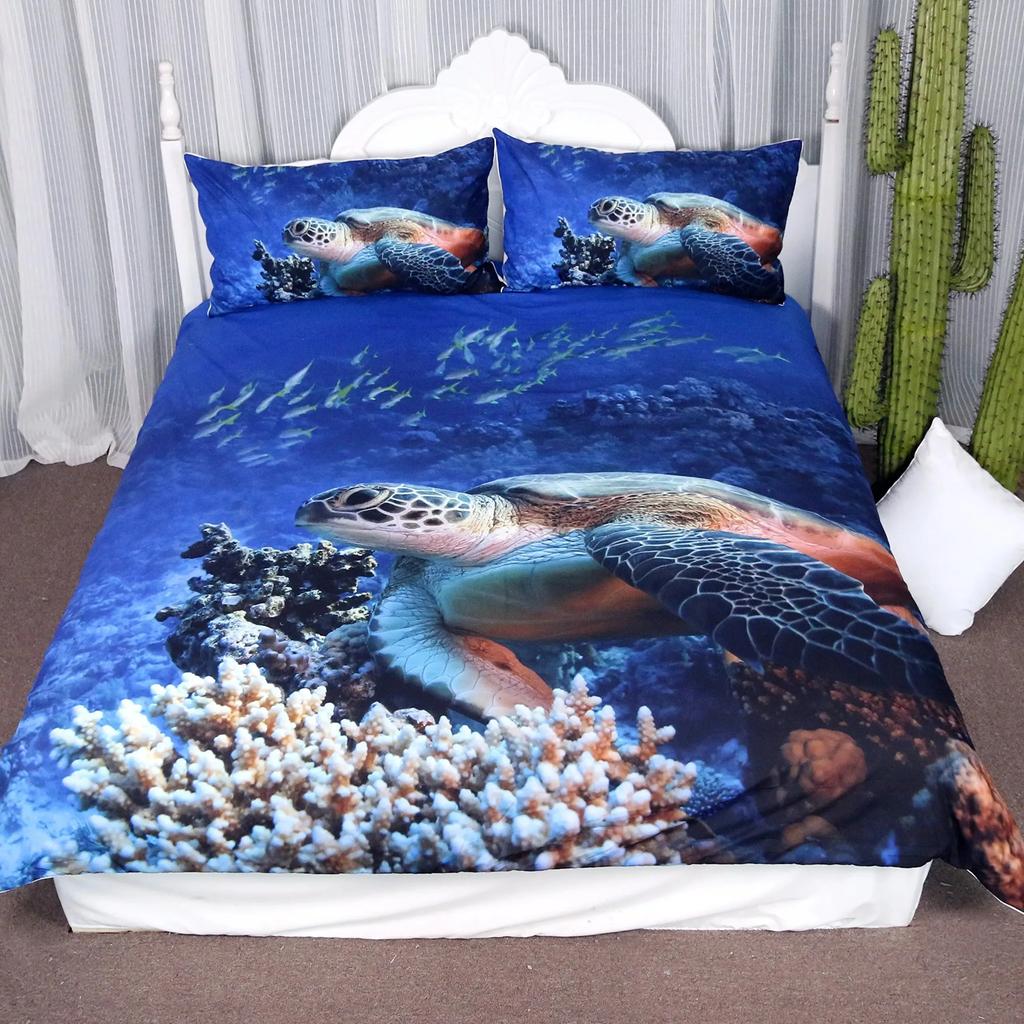 Fisch Bettwäsche-Set Ozean Bettwäsche-Sets 3D Gedrucktes Unterwasserwelt mit Hai Delfin Korallenriff Muster Bettbezug-Set