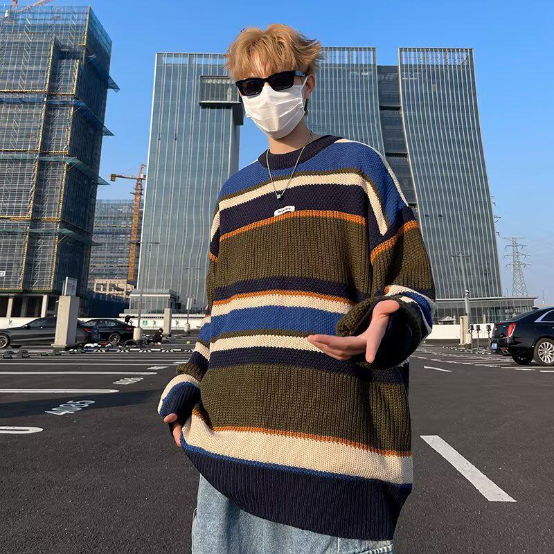 

2025 American Trend Retro Color Block Stripe Loose Knit Sweater - Autumn/Winter Japanese Style Medium синій