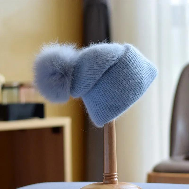 New Rabbit Fur Knitted Hats For Women Real Fox Fur Pom Poms Hat Large Pompom Outdoor Warm Skullies Beanie Winter Hat Christmas
