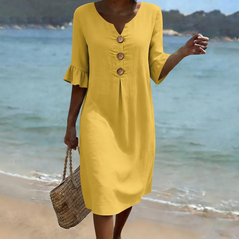 Robe décontractée d'été unie à boutons et manches courtes pour femmes