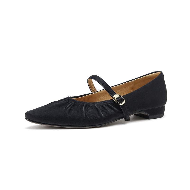 Krazing Pot Sheep Skin Summer Spring Autumn Low Heels Women Square Toe Mary Janes Shallow Pleated Decoration Pumps