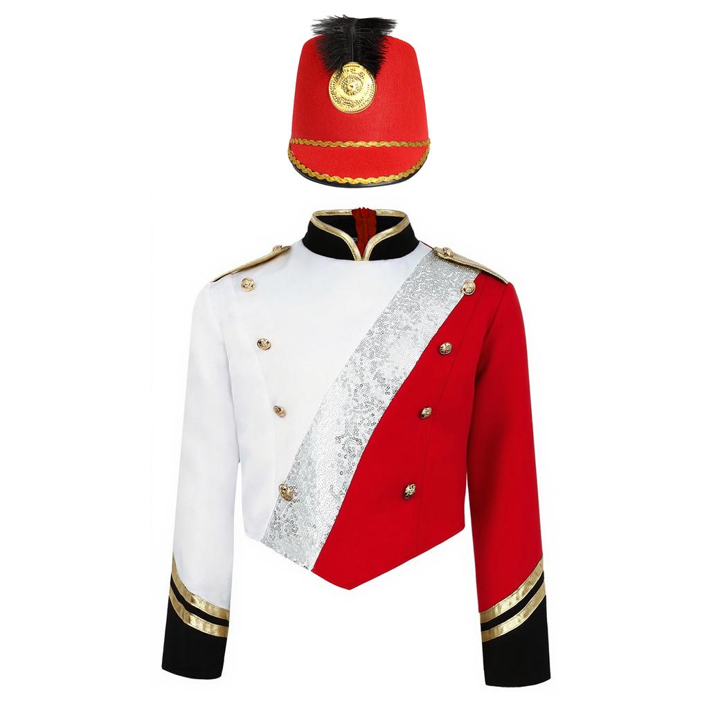 Boys Marching Band Uniform Stand Collar Long Sleeve Sequins Patchwork Color Block Design Epaulets Buttons Hat Set