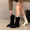 Coarse Heel Khaki Suede Stacking Boots Medium Tube Knight Boots Women's Boots 2025 Autumn and Winter Pointed Head~ V Mouth Thin Boots