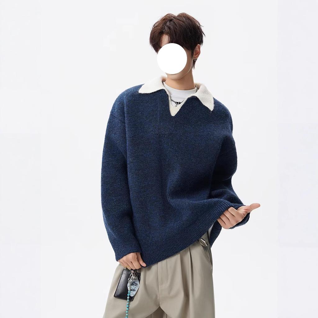 Light luxury ruffian handsome lazy style men's lapel fake two-piece heavy sweater casual fashion retro versatile knitted polo