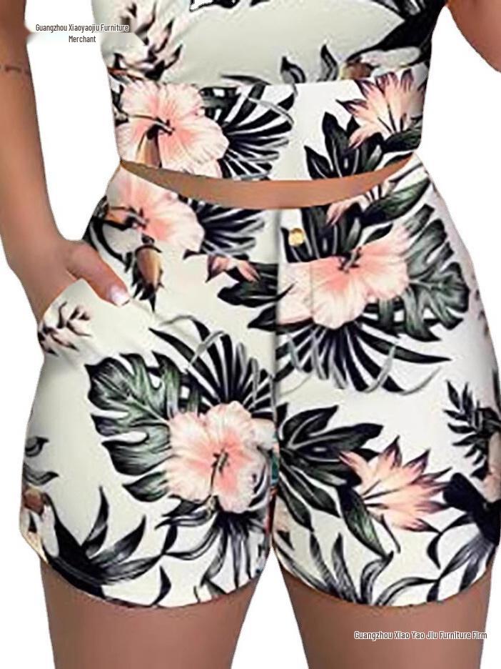 European and American Women's Summer Spaghetti Strap Slim-Fit Printed Shorts Set