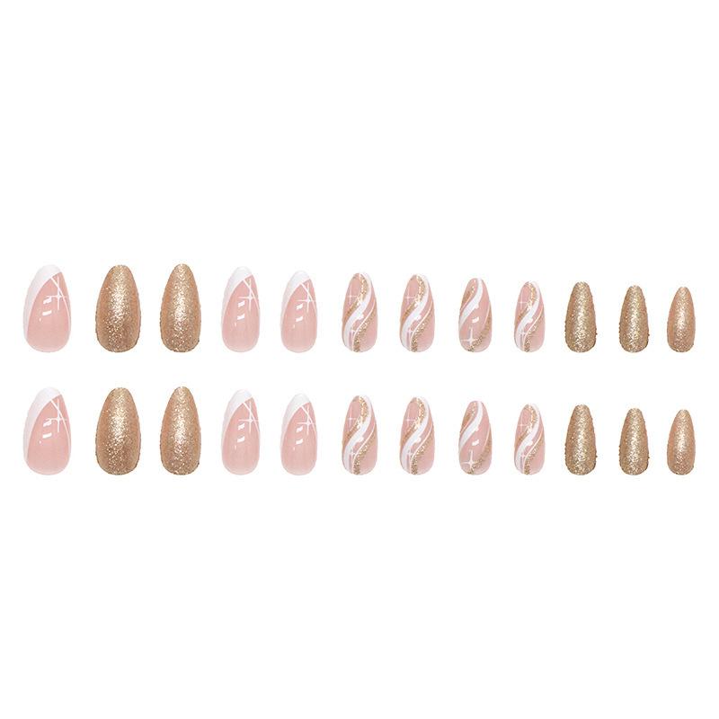 24 Pieces  Almond Nail with French Corrugated Glitter Pattern, Sweet and Fashionable, White Fake Nails Wear Armor