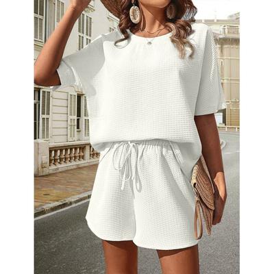 Zweiteiliges Set mit einfarbigem Waffelmuster, Kurzarm-T-Shirt mit Rundhalsausschnitt und Shorts mit Kordelzug, Outfits für Damenbekleidung