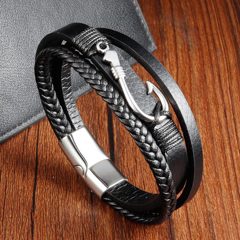 Black Leather Rope Cowhide Men's Double Layer, Genuine Leather Woven Bracelet Handmade Multilayer Leather Bracelet