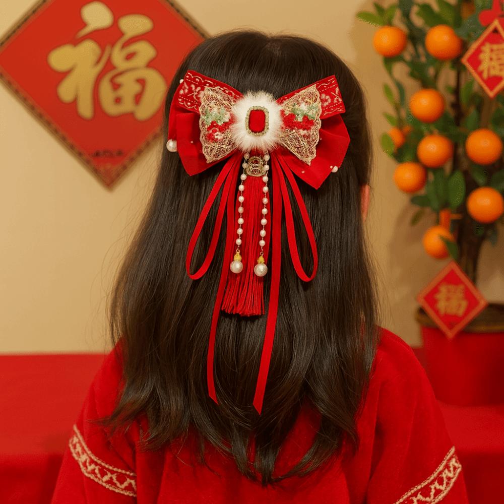 Flower Bow Ribbon Hair Clip Red Hanfu Hair Ornamen Chinese Style New Year Hairpin  Festival