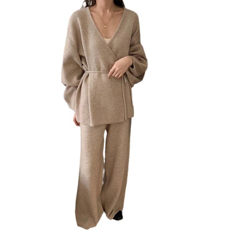 Autumn and Winter V-neck Lazy Wind Set Sweater Women's New Casual Wide-leg Pants Lace-up Knitted Cardigan Two-piece Set