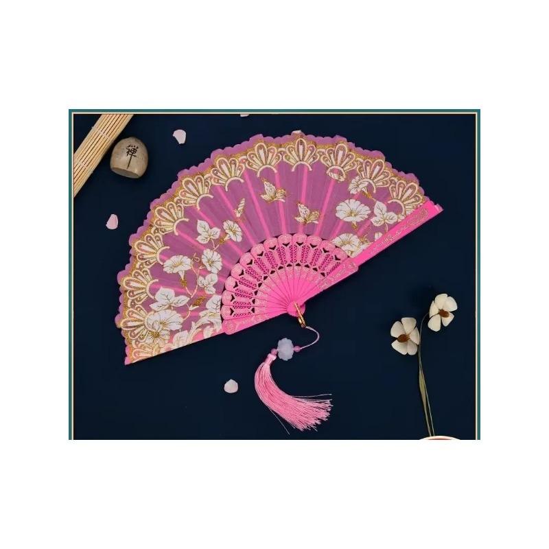 1 Stück Chinesischer Antiker Stil Blume Frauen Faltfächer mit Quastenfransen Hanfu Cheongsam Tanzfächer Foto-Requisiten Sommer Handfächer