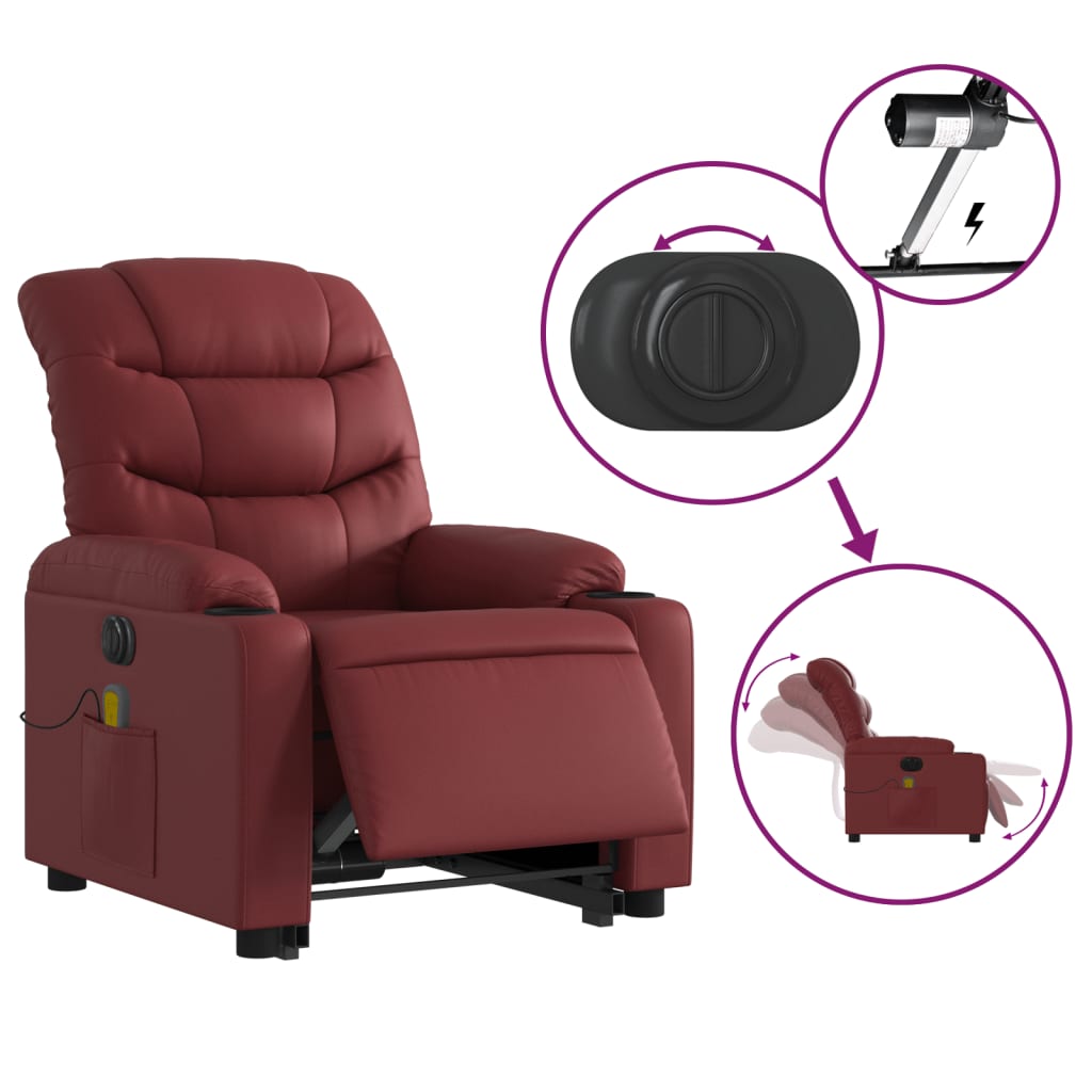 Electric Massage Recliner with Rising Function Burgundy Artificial Leather