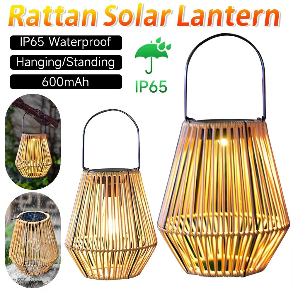 Waterproof Rattan Solar Lantern Solar Powered Standing/Hanging Bamboo Chandelier Lamp Bamboo Frame Weaving Lantern