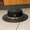 Summer Outing Straw Hat Women's Vacation Seaside Rhinestone Letter R Belt Personalized British Retro Flat Top Sunshade Hat