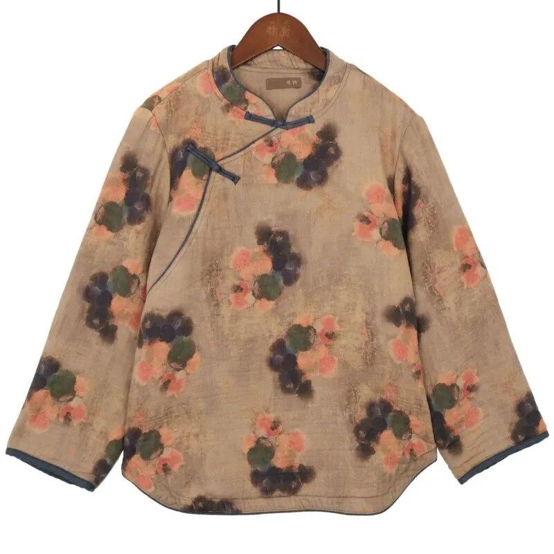 

Johnature женские хлопковые парки в китайском стиле с длинными рукавами и цветочным принтом, зимние пальто на пуговицах, хлопковые теплые парки L