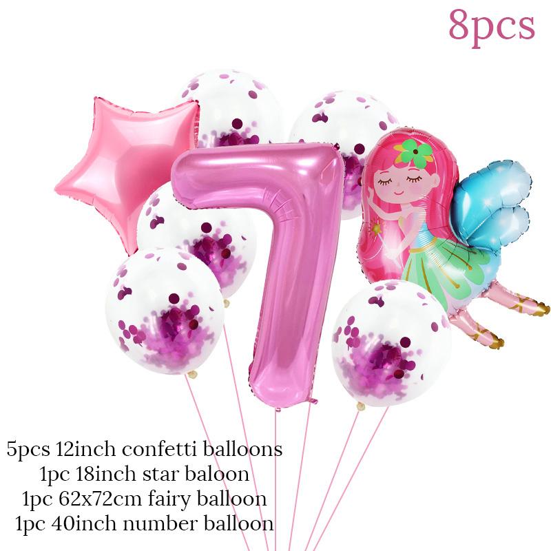 8pcs Girl Birthday Balloons Set Fairy Foil Balloons Number Helium Balloon 1 2 3 4 5 6 7 8 9 Years Old Kids Birthday Party Gifts
