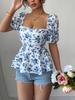 Summer 2025 Women's Floral Puff Sleeve Square Neck T-shirt