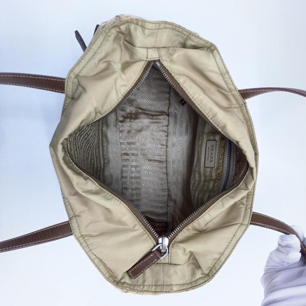 Prada Quilted Tessuto Nylon Tote Boston Bag Handbag One Shoulder Brown Beige Leather Triangle Logo Plate