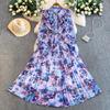 Romantic French Chiffon Print Ruffled Dress with Cinched Waist and Pleated Wide Hem