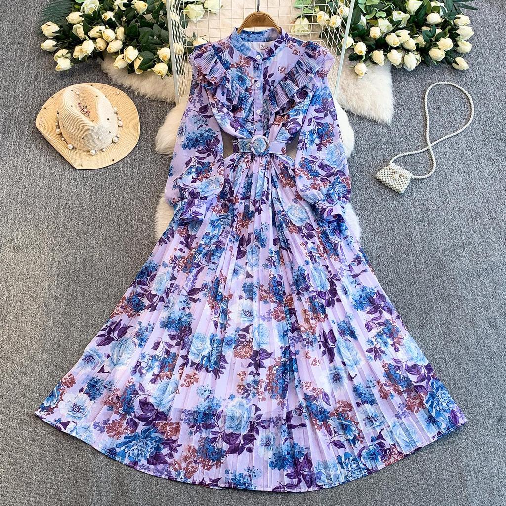 Romantic French Chiffon Print Ruffled Dress with Cinched Waist and Pleated Wide Hem