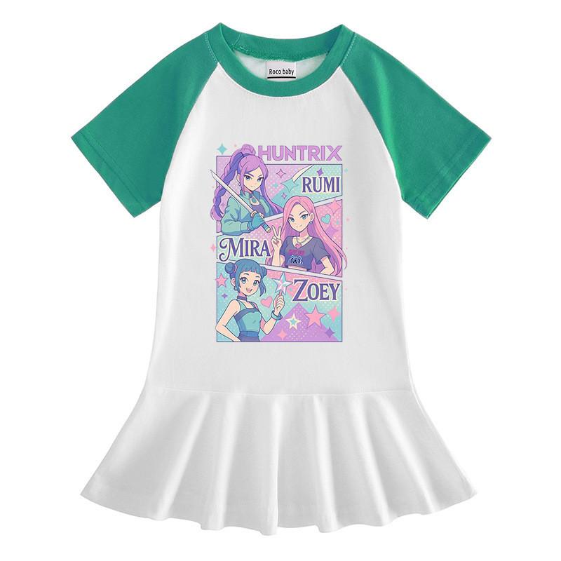 Girls Kpop Rumi Mira Zoey Hunters Print Raglan Sleeves Summer Dress