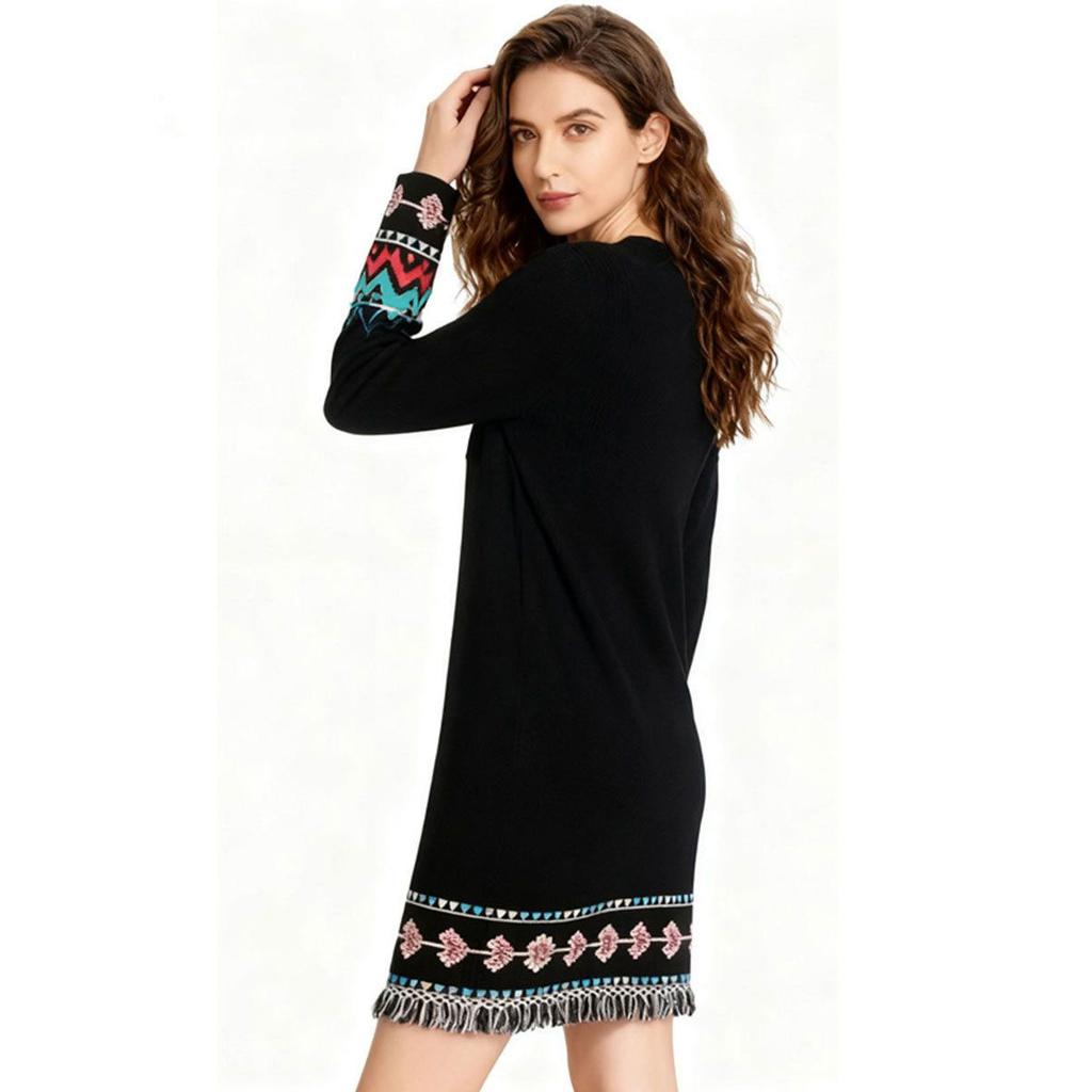 Damen Schwarzes Strickkleid Lässiges Kleid im Vintage-Stil Pullover Herbstmode Warme Kleidung