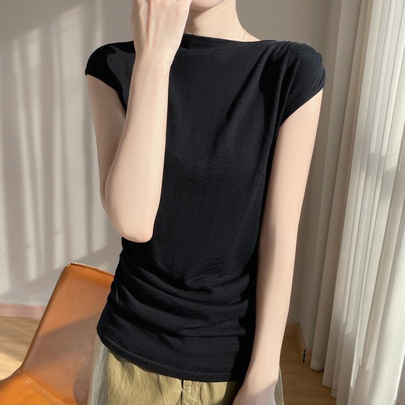 Women's Wool Sleeveless Pullover Qinghe Cashmere 50% Silk 50% Wool Spring and Summer Wool Short Sleeve Soft Comfortable Warm