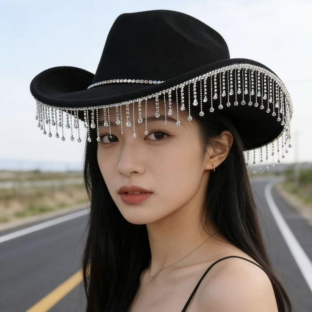 Large Size Western Cowboy Hat Jazz Performance French Style Hat New Water Diamond Tassel Hat  Women