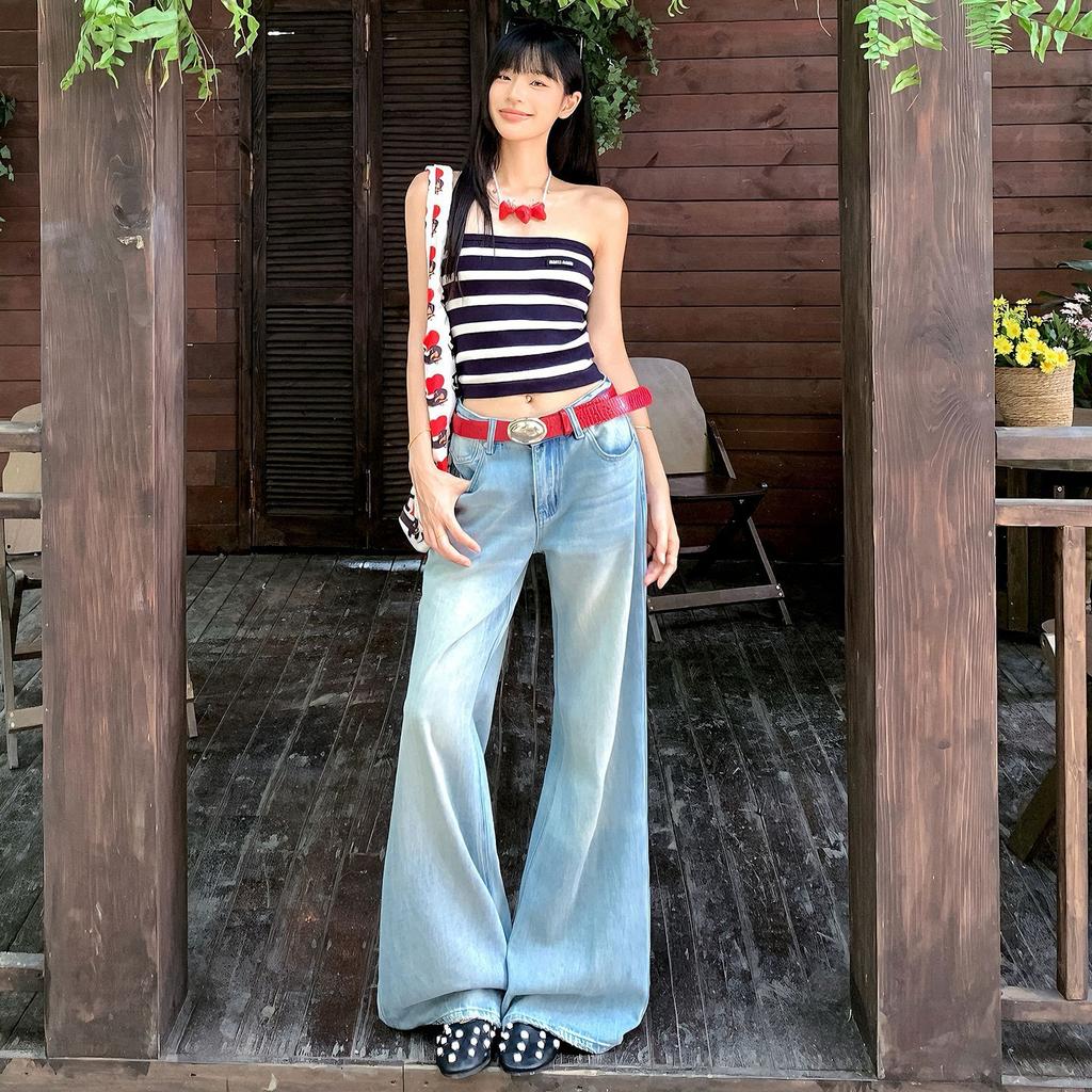American retro jeans women's summer and autumn new washing water old low waist loose wide leg jeans women